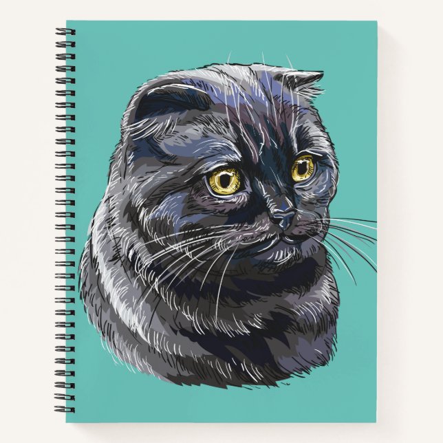 Carnet Dessin à la main drôle chatte noir moelleux. (Devant)