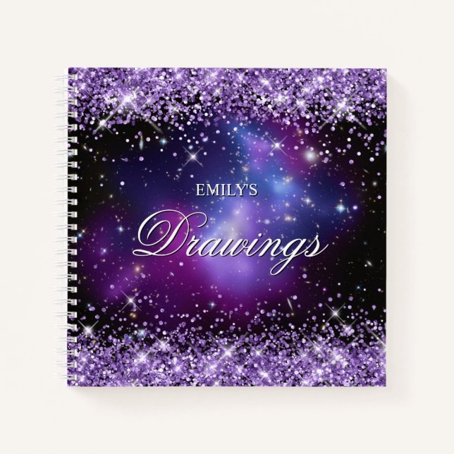Carnet Dessin d'amas de galaxies à paillettes violettes (Devant)