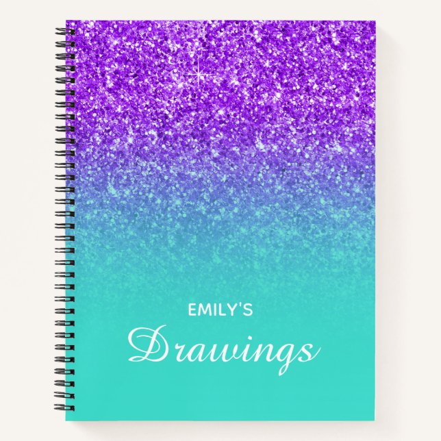 Carnet Dessin dégradé turquoise paillettes violettes (Devant)