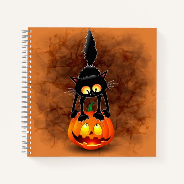 Carnet Dessin d'Halloween au chat effrayé sur Citrouille (Devant)