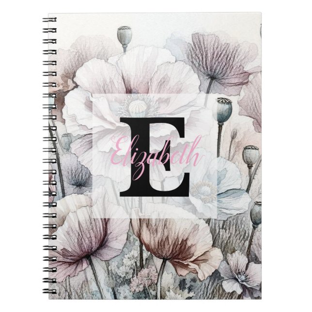 Carnet Dessin floral à monogramme fleurs de pavot pastel  (Devant)