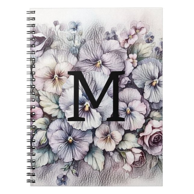 Carnet Dessin floral à monogramme fleurs pensées roses  (Devant)