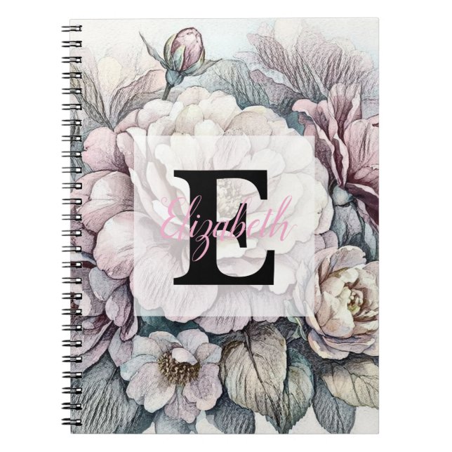 Carnet Dessin floral à monogramme rose fleur de cerisier  (Devant)