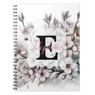 Carnet Dessin floral à monogramme rose fleur de cerisier 
