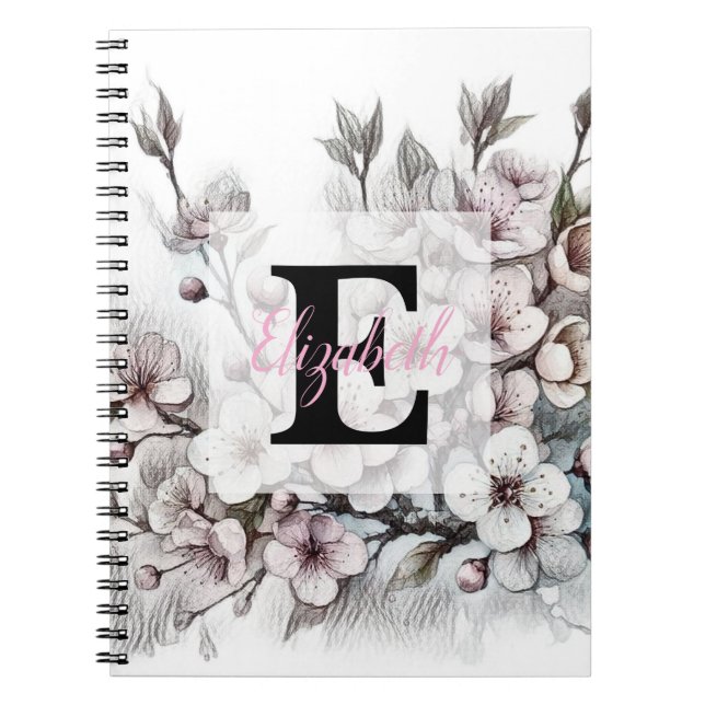 Carnet Dessin floral à monogramme rose fleur de cerisier  (Devant)