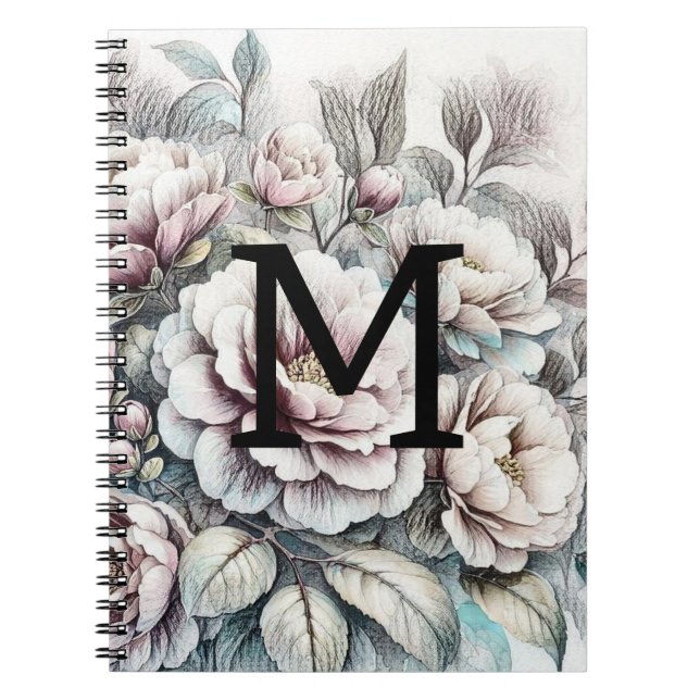 Carnet Dessin floral monogramme bleu rose (Devant)
