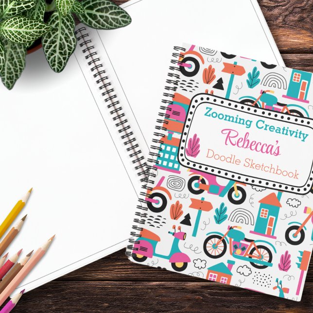 Carnet Dessin personnalisé Motif à doodle à cyclomoteur c (Fuel artistic adventures with our vibrant colored Moped Doodle Pattern Sketchbook. Customize today!)