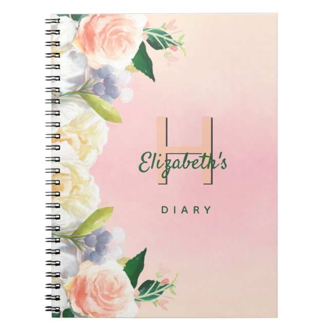 Carnet Diagramme rose pâle fleurs blanc nom monogramme (Devant)