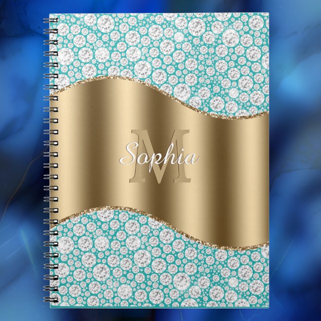 Carnet Diamants de Glam sur Turquoise, Monogramme Or, Nom (Créateur téléchargé)