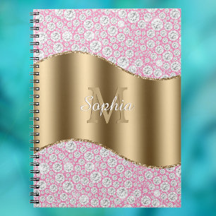 Carnet Diamants Glam sur Rose, Monogramme Or, Nom en Scri