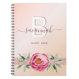 Carnet Diary monogramme rose or rose parties scintillant 