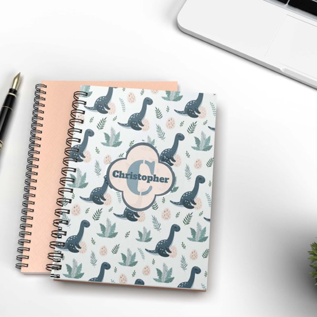 Carnet Dinosaure Vert Bleu mignon avec Monogramme et Nom (Créateur téléchargé)