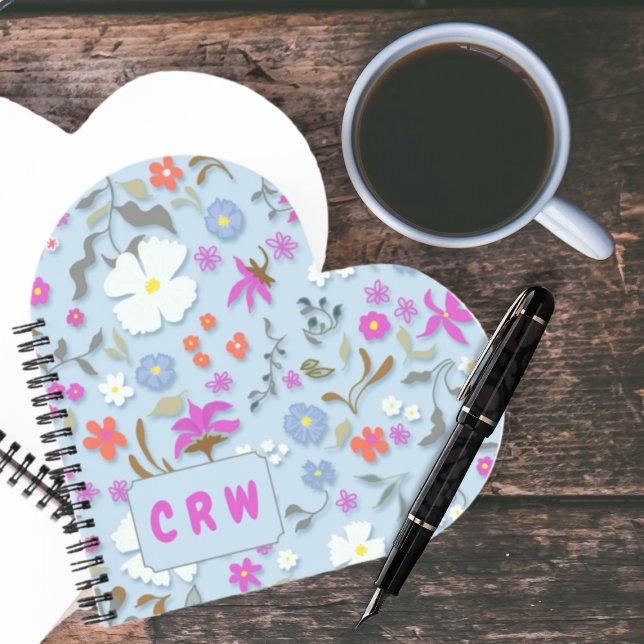 Carnet Ditsy Pop Floral Art Monogramme en forme de cœur (Créateur téléchargé)