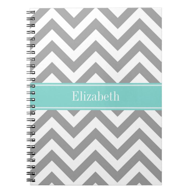 Carnet Dk Gris Blanc LG Chevron Turquoise Monogramme Nom (Devant)