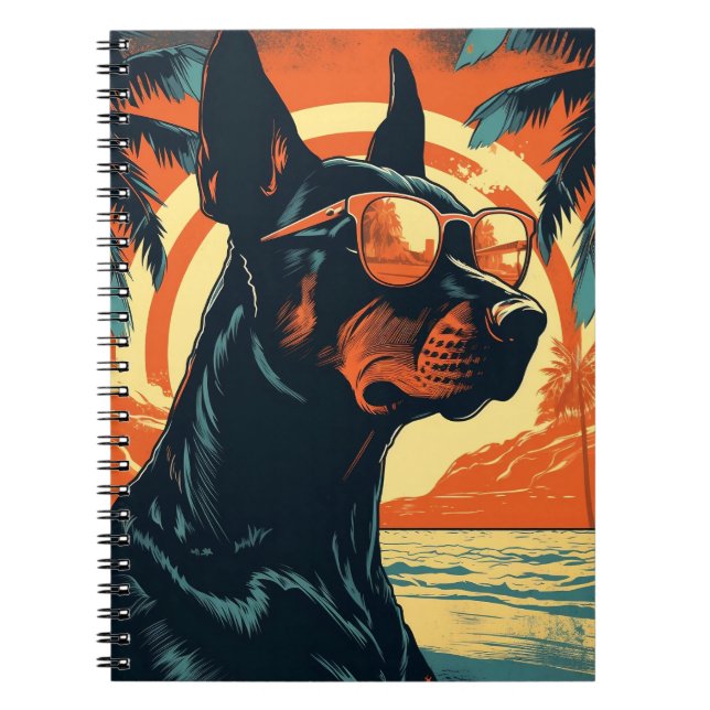 Carnet Doberman sur une plage tropicale au coucher du sol (Devant)