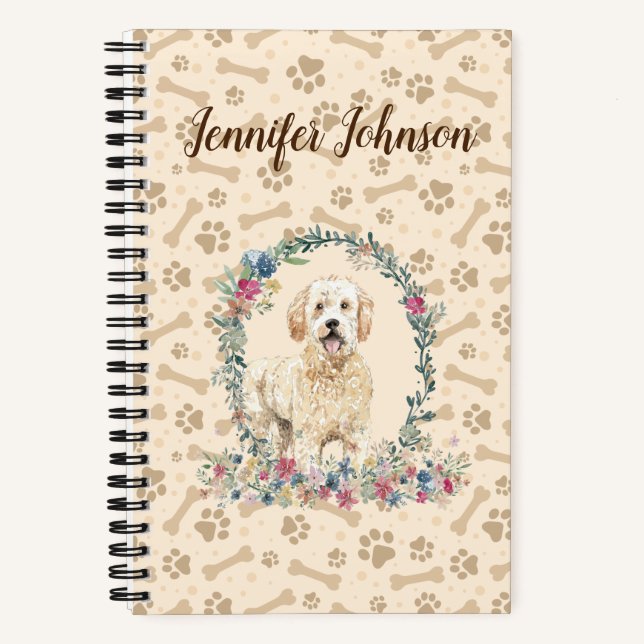 Carnet Doodle Doré Chien Empreinte de patte & Floral Cute (Recto)