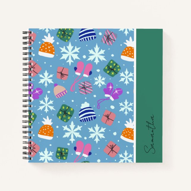 Carnet Doodles d'hiver Motif bleu avec Monogramme (Devant)