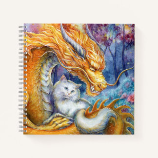 Carnet Dragon ardent et chat blanc dans une forêt mystiqu