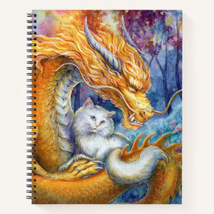 Carnet Dragon ardent et chat blanc dans une forêt mystiqu