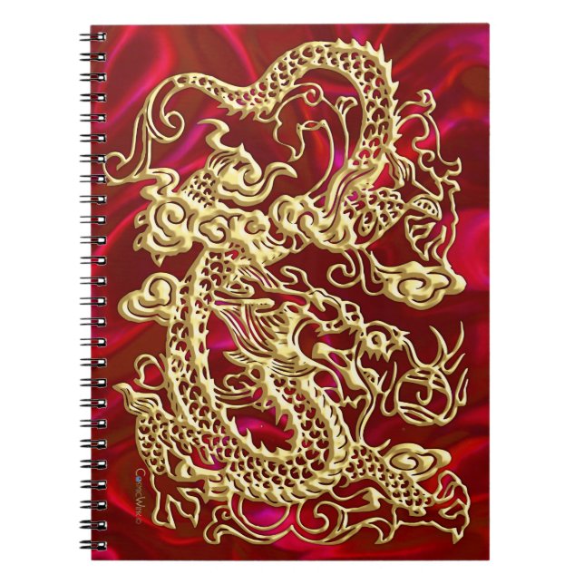 Carnet Dragon d'or embouti sur papier satin rouge (Devant)