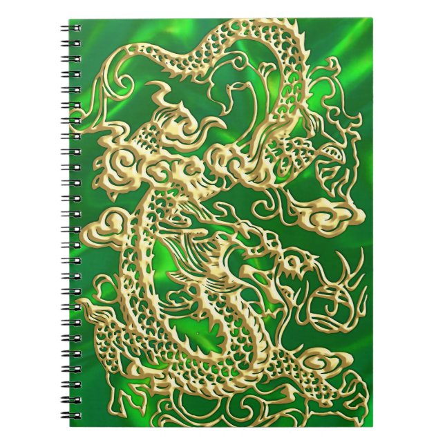 Carnet Dragon d'or en relief sur papier satin vert (Devant)