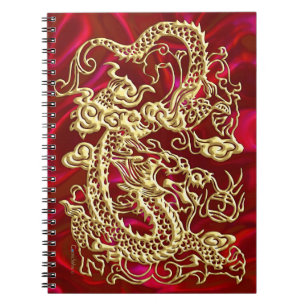 Carnet Dragon doré en relief sur soie rouge imprimée