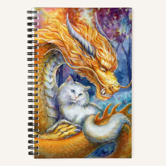 Carnet Dragon Feu et Chat Blanc dans une Forêt Mystique