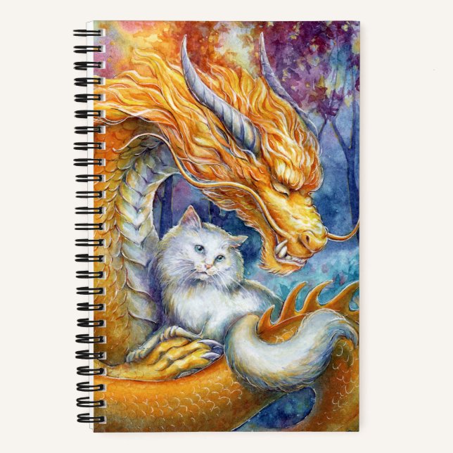 Carnet Dragon Feu et Chat Blanc dans une Forêt Mystique (Recto)