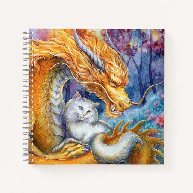 Carnet Dragon Feu et Chat Blanc dans une Forêt Mystique (Devant)