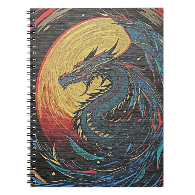 Carnet Dragon mythique soleil gravure sur bois (Devant)