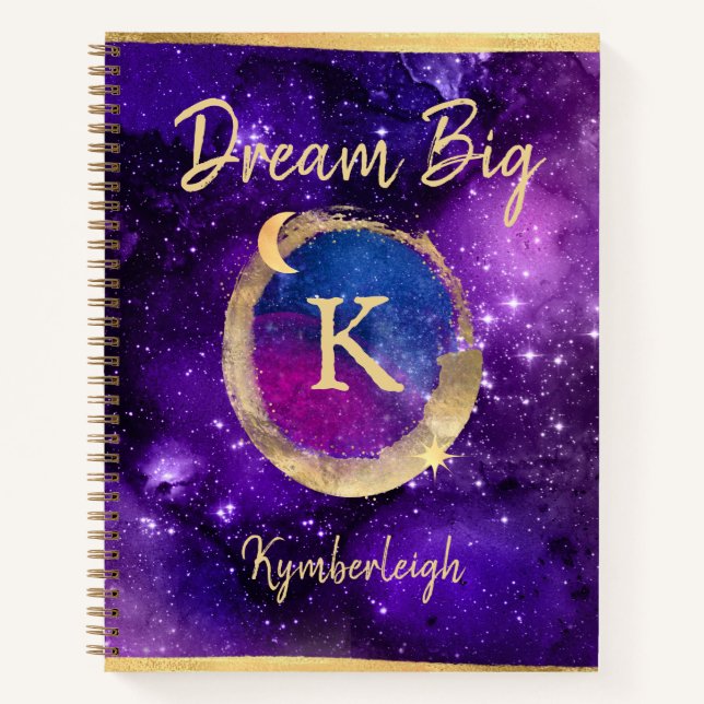 Carnet Dream Big Purple Galaxy Glam Gold Monogramme Nom (Devant)
