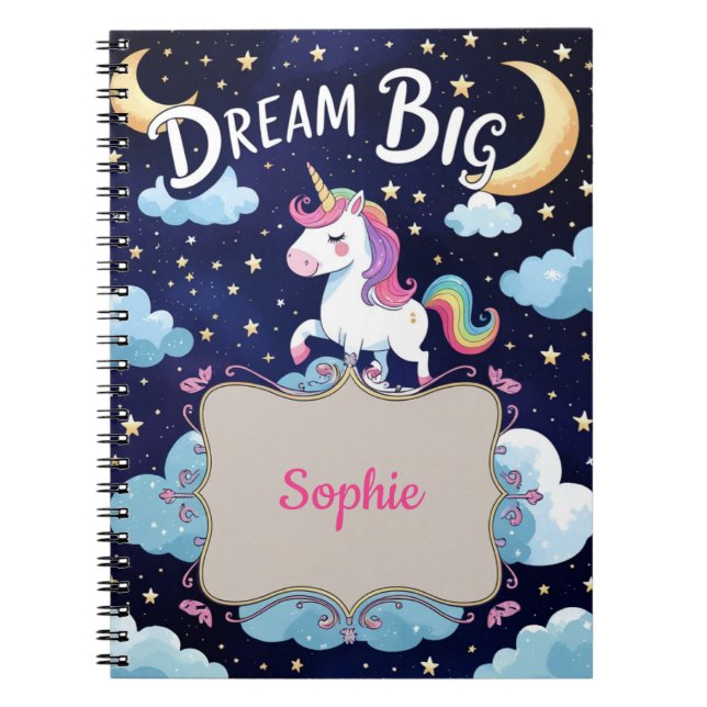 Carnet Dream Big - Unicorne magique personnalisée (Devant)