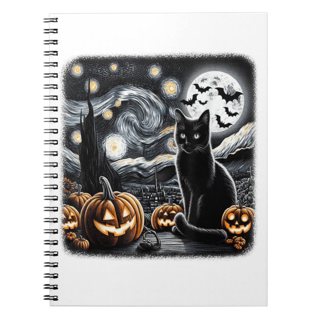 Carnet Drôle Halloween Chat Noir Nuit Étoilée Van Gogh Ca (Devant)