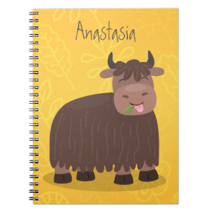 Carnet Drôle joyeux yak mangeant de l'herbe dessin d'illu