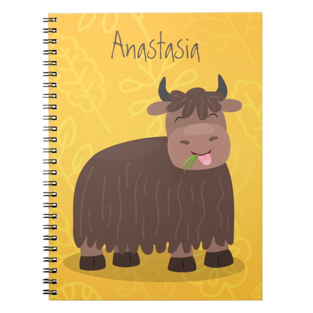 Carnet Drôle joyeux yak mangeant de l'herbe dessin d'illu (Devant)