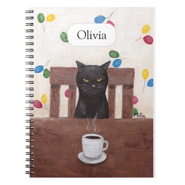 Carnet Drôle mignon Grumpy Black Cat Café Nom personnalis (Devant)
