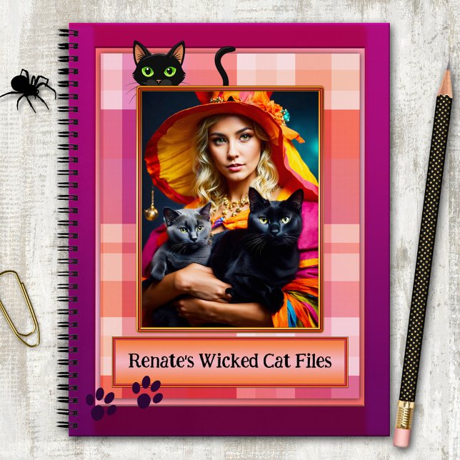 Carnet Drôle Purple Plaid Wicked Cat Fichiers Photo (The wicked cat files - funny notebook featuring your photo on a pink plaid pattern with black cat)