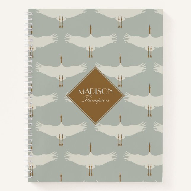 Carnet Dusty Blue Neutral Birds Swans Art Déco Monogramme (Devant)