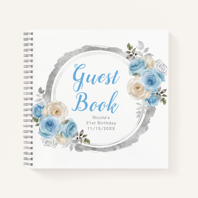 Carnet Dusty Blue Silver Elegant Flowers Birthday Party (Devant)