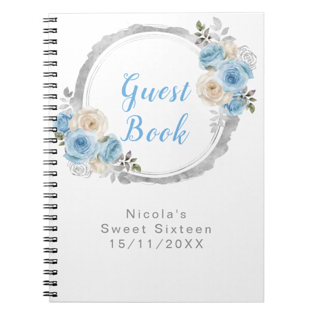 Carnet Dusty Blue Silver Elegant Flowers Sweet Sixteen (Devant)