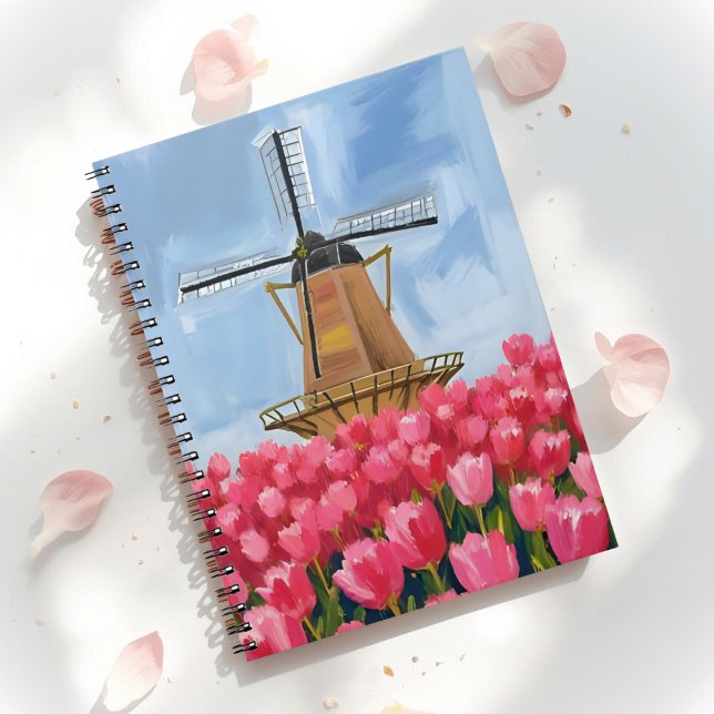 Carnet Dutch Windmill | Tulip Flower Field Watercolor (Créateur téléchargé)