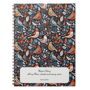 Carnet Dynamique Floral Nordique Et Motif D'Oiseaux Perso