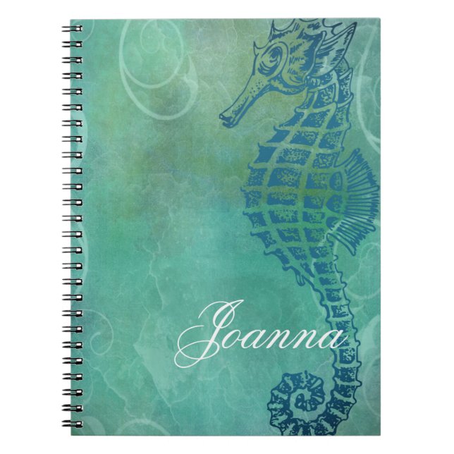Carnet Eaux bleues, hippocampe et fioriture (Devant)