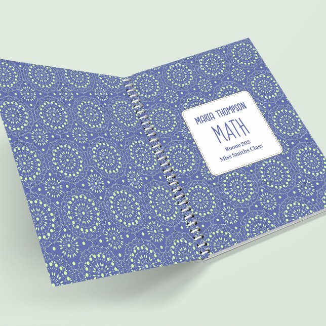 Carnet Ecole Moderne Bleue Personnalisée (Blue and green patterned school subject notebook)