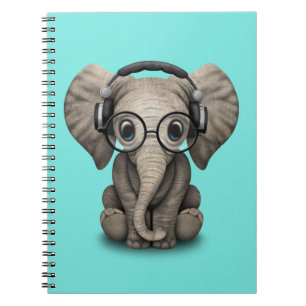 Carnet Écouteurs de port et verre du DJ d'éléphant mignon