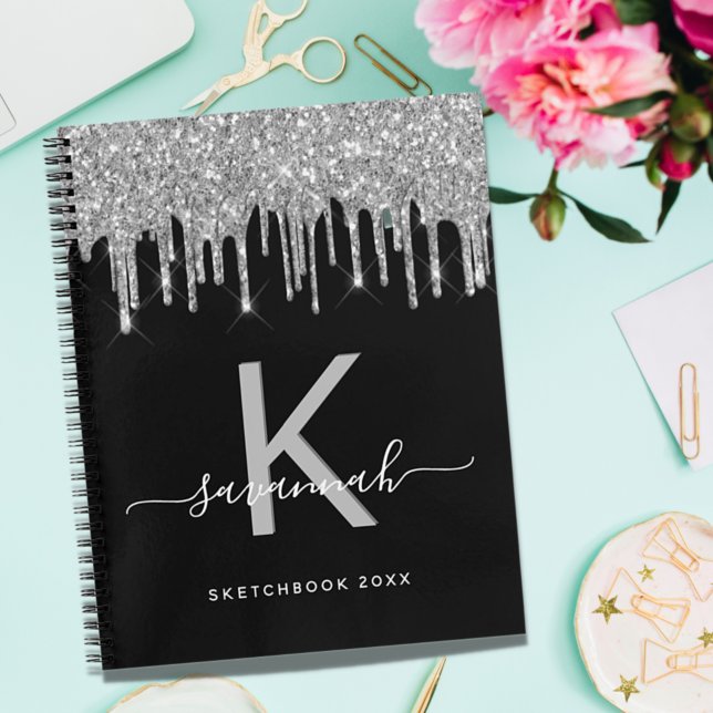 Carnet Écran monogramme noir argent gouttes de parties sc (Créateur téléchargé)