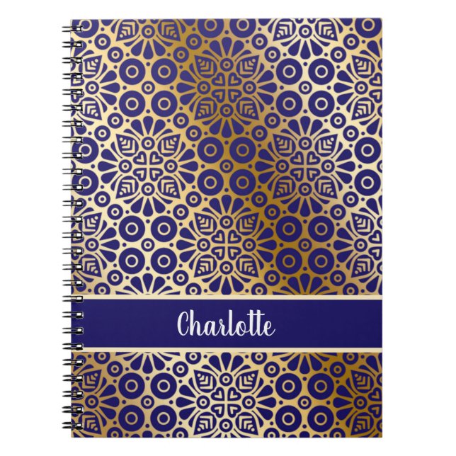 Carnet Écriture motif orientale en or bleu monogramme (Devant)