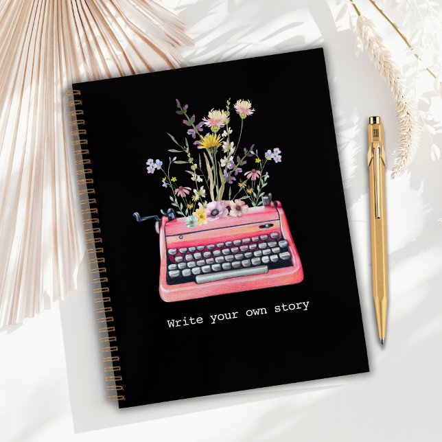 Carnet Écrivains Carnet, Noir Écrivez votre propre histoi (Writers Notebook, Black cover with floral typewriter artwork and the text "Write your own story")