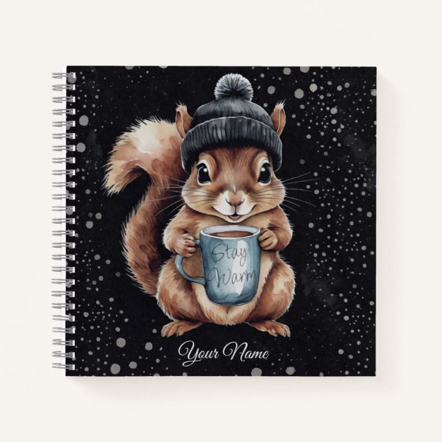 Carnet Écureuil avec tasse et neige "Stay Warm" (Devant)