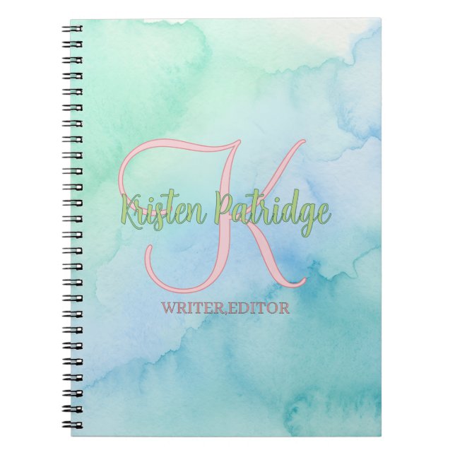 Carnet éditeur de couleur aquarelle bleue verte nom monog (Devant)